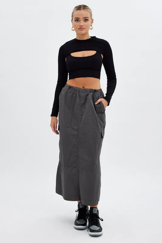 Grey Maxi Skirt Low Rise Cargo Parachute sold by Ally Fashion