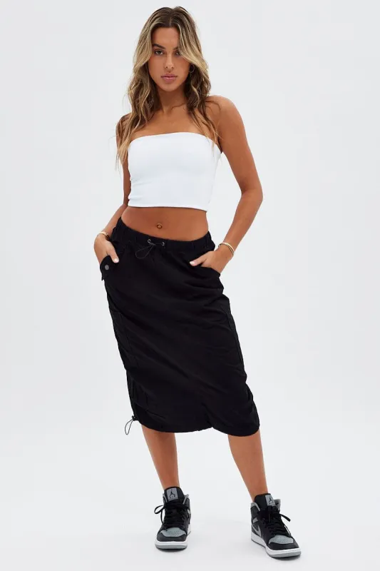 Black Midi Skirt Mid Rise Cargo Drawstring Elastic Waist sold by Ally Fashion