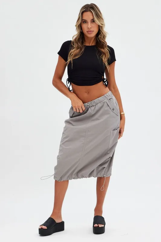 Grey Midi Skirt Mid Rise Cargo Drawstring Elastic Waist sold by Ally Fashion
