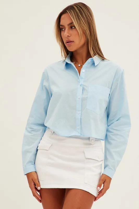 Blue Crop Shirt Long Sleeve Collared Oversized Fit sold by Ally Fashion