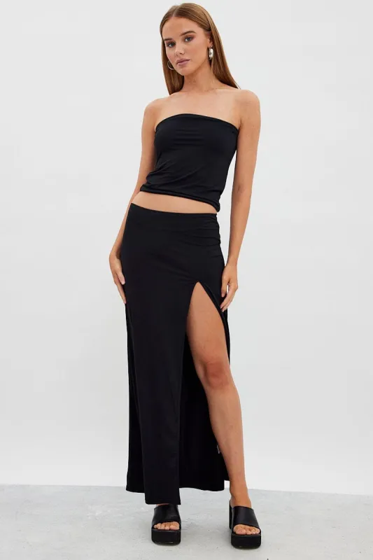 Black Maxi Skirt Mid Rise Split Nylon sold by Ally Fashion