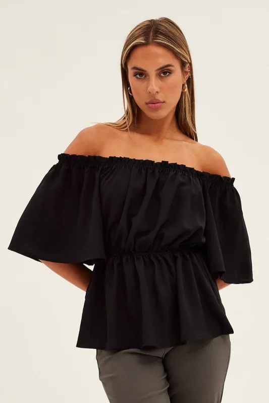 Black Top Short Sleeve Off Shoulder Longline Flutter sold by Ally Fashion