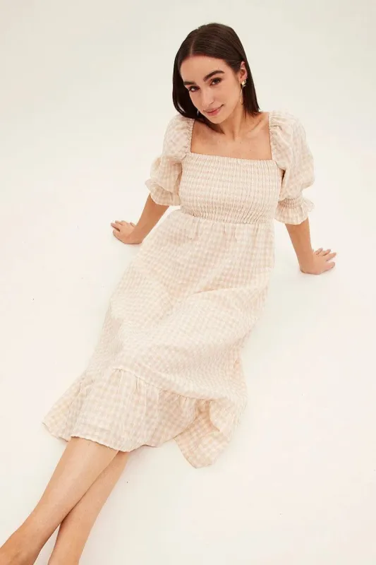 Camel Check Gingham Puff Sleeve Tiered Midi Dress sold by Ally Fashion