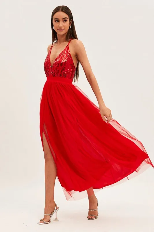 Red V Neck Party Maxi Dress sold by Ally Fashion