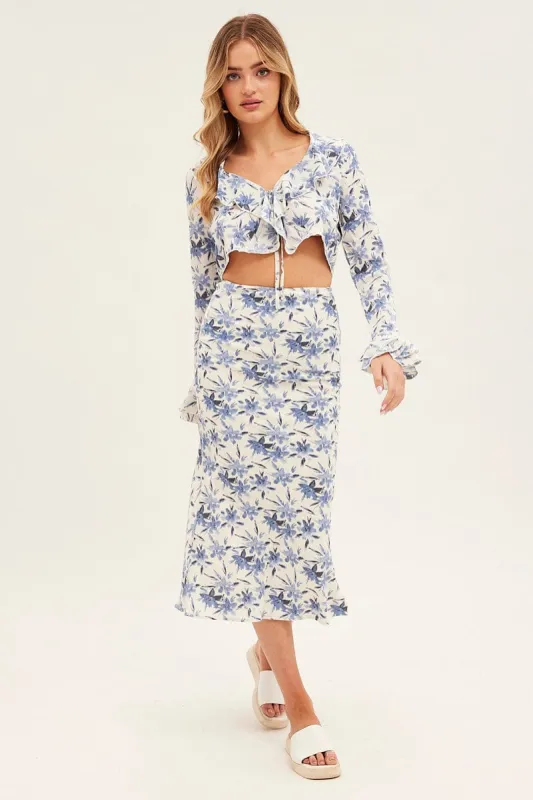 Blue Floral Midi Skirt Slip Floral Print sold by Ally Fashion