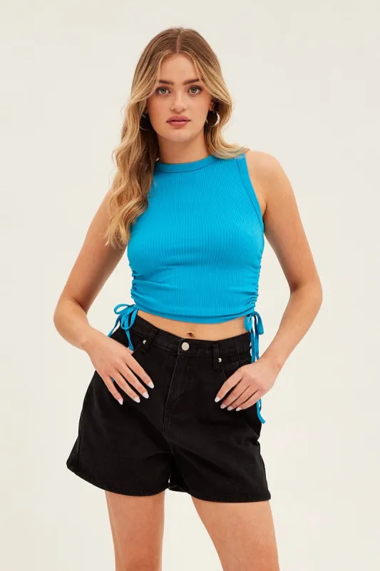 Blue Ruched Tank Top Crew Neck Seamless sold by Ally Fashion