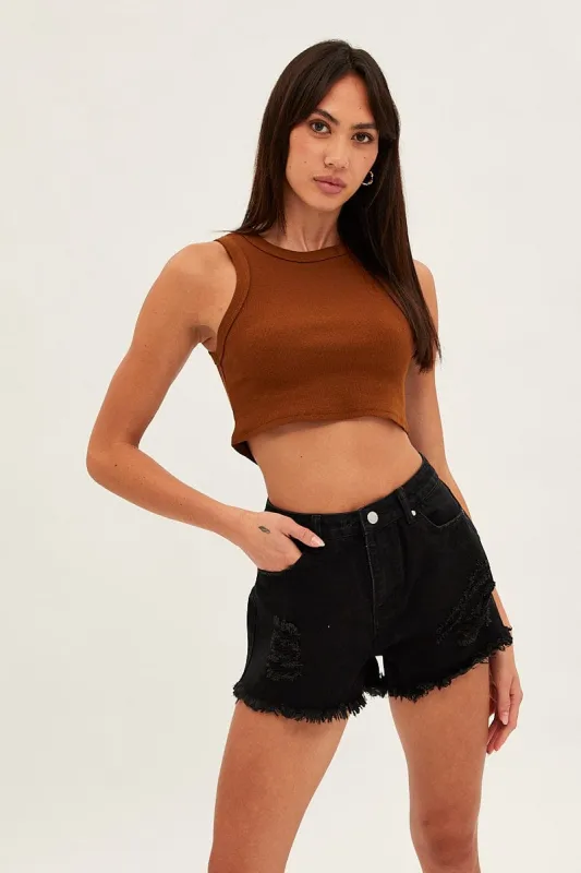Brown Tank Top Sleeveless Crew Neck sold by Ally Fashion