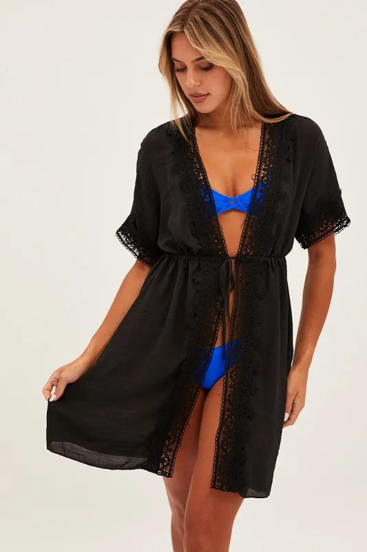 Black Tie Front Lace Kimono sold by Ally Fashion
