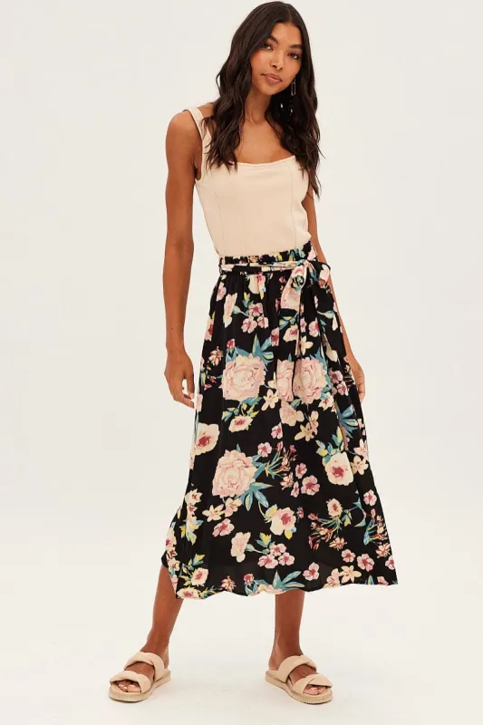 Black Floral High Waist Front Slit Floral Midi Skirt sold by Ally Fashion