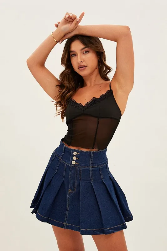 Blue Mid Rise Pleated Denim Mini Skirt sold by Ally Fashion