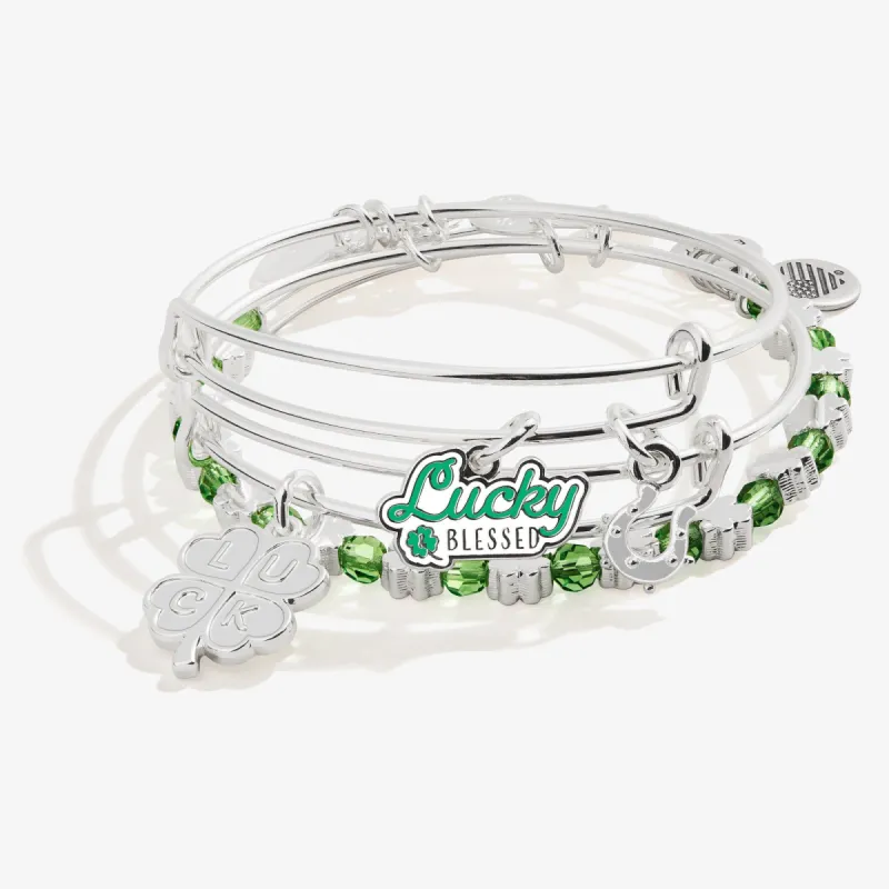 'Lucky And Blessed' Lucky Clover Charm Bangles, Set of 3 sold by Alex and Ani