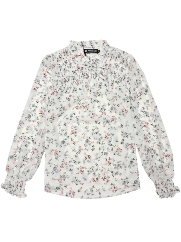 Women¡¯s Floral Puff Long Sleeve Ruffle Tie Neck Pleated Front Chiffon Blouse sold by Allegra K