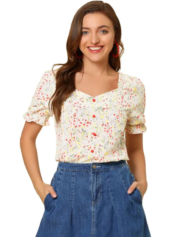Women's Sweetheart Neck Button Decor Smocked Shoulder Floral Blouse sold by Allegra K