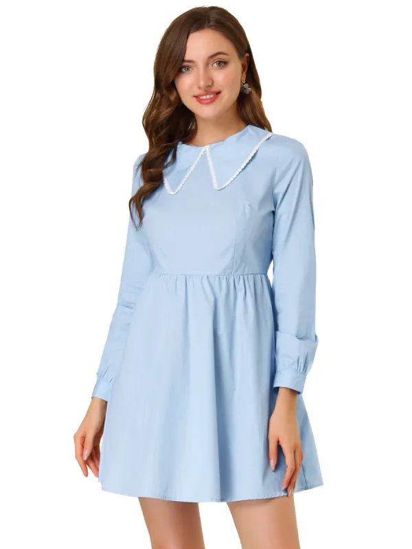 Women's Long Sleeve Mini Lace Trim Collared Babydoll Dress sold by Allegra K