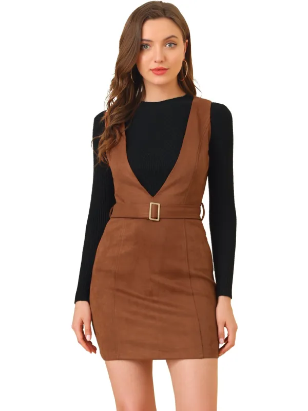 Women's Retro Overalls Suspenders Belted V Neck Faux Suede Pinafore Dress sold by Allegra K