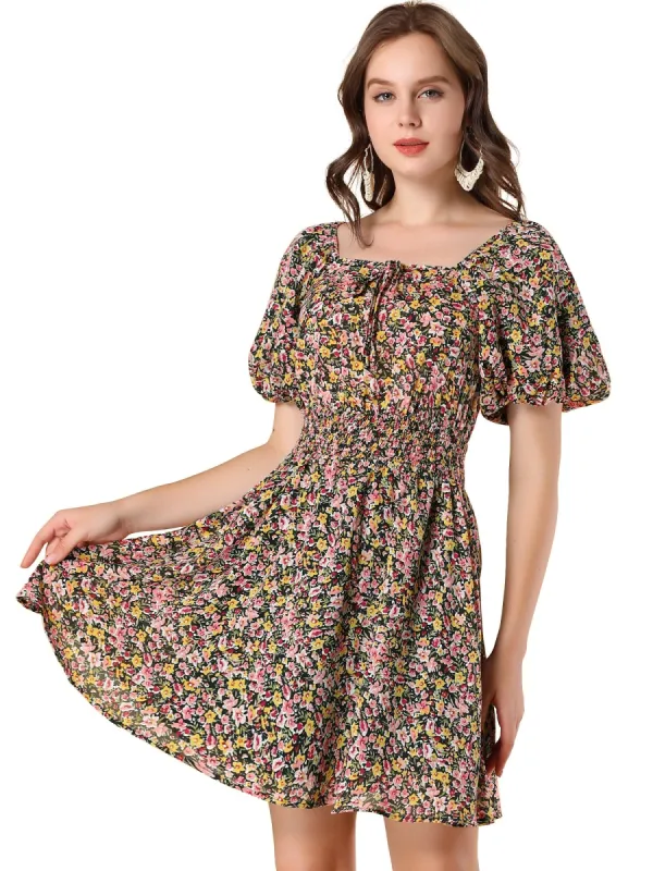 Women's Floral Print Square Neck Dresses A-Line Smocked Waist Puff Sleeve Mini Dress sold by Allegra K
