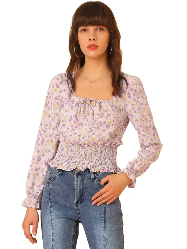 Women's Smocked Tie Neck Tops Elegant Chiffon Floral Blouse sold by Allegra K