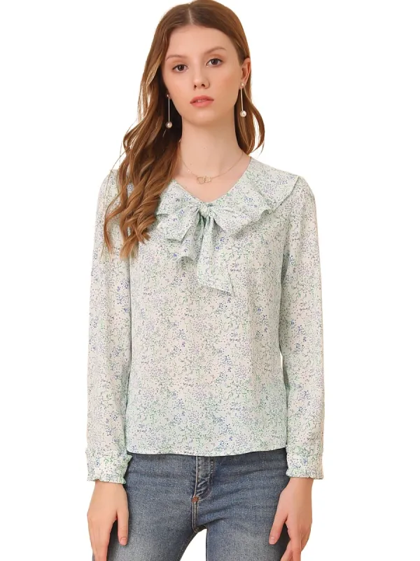Women's Ruffle Tie Neck Top  Elegant Chiffon Floral Blouse sold by Allegra K