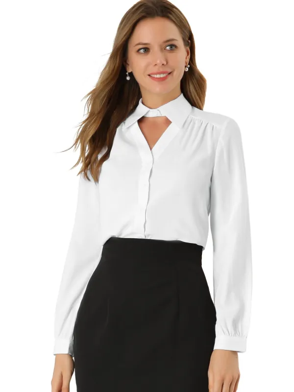 Women's Choker Neck Blouse Long Sleeve Turn Down Collar Work Shirt sold by Allegra K