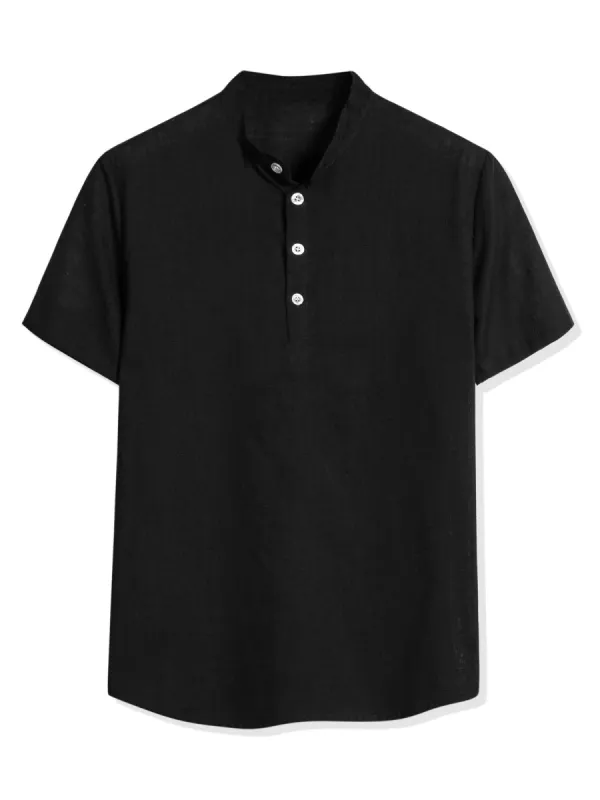Men's Summer Classic Linen Henley Shirts Short Sleeve Solid Collar Button Beach Yoga T-Shirts sold by Allegra K