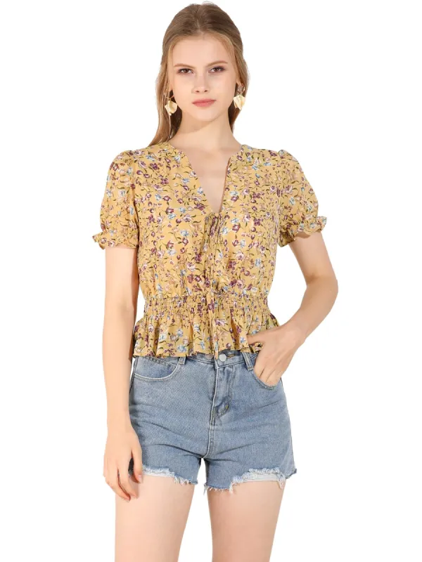Women's Tie V Neck Ruffle Elegant Top Puff Sleeves Floral Blouse sold by Allegra K