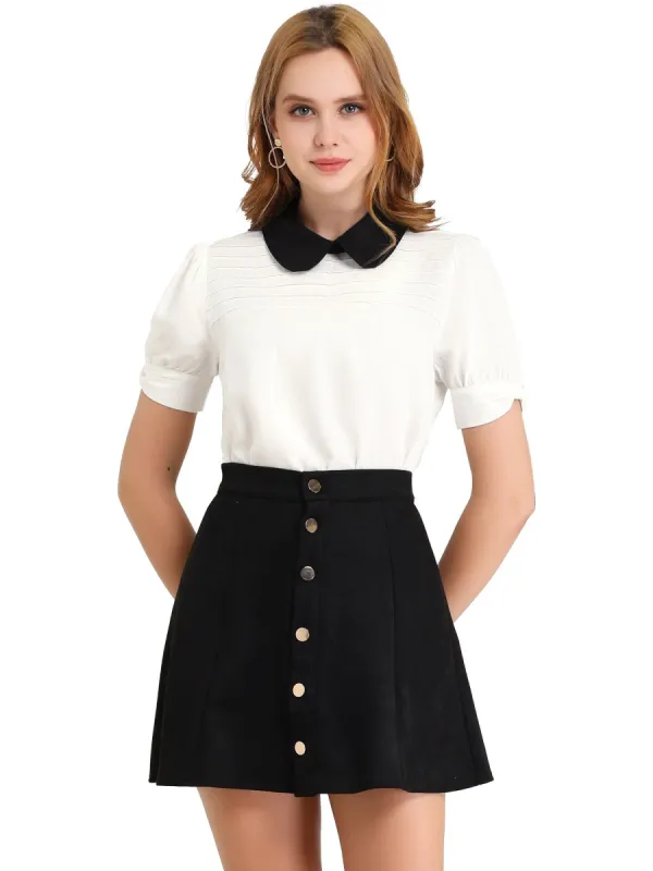 Women's Peter Pan Collar Contrast Puff Short Sleeve Casual Blouse Top sold by Allegra K