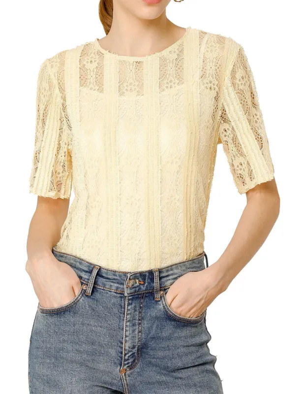 Women's Lace Semi Sheer Short Sleeve Vintage Tops Shirts sold by Allegra K