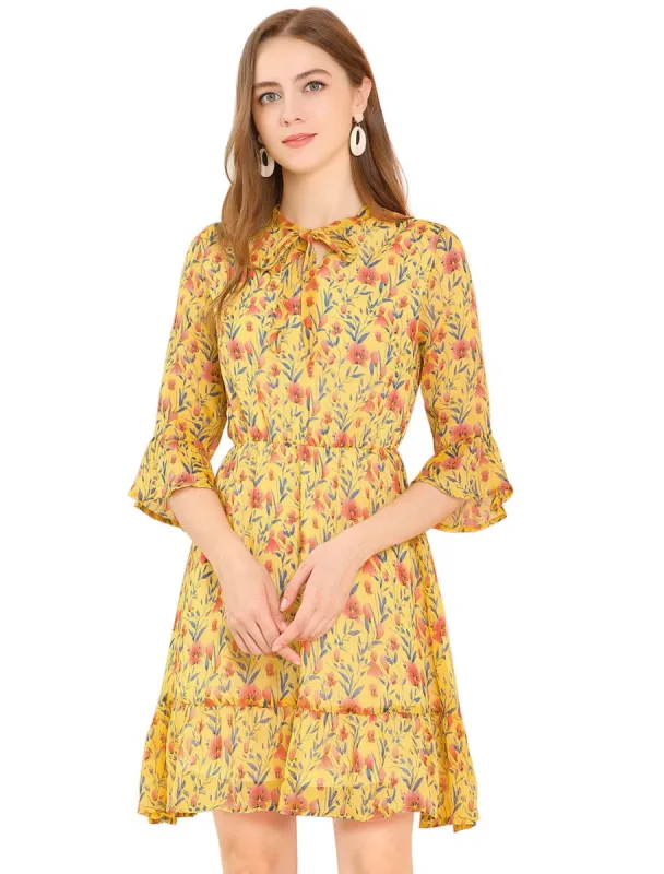 Women's Flutter Sleeve Tie Neck Ruffle Hem Ditsy Floral Dress sold by Allegra K