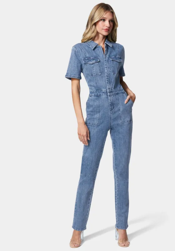 Straight Leg Zip Front Denim Jumpsuit sold by Bebe