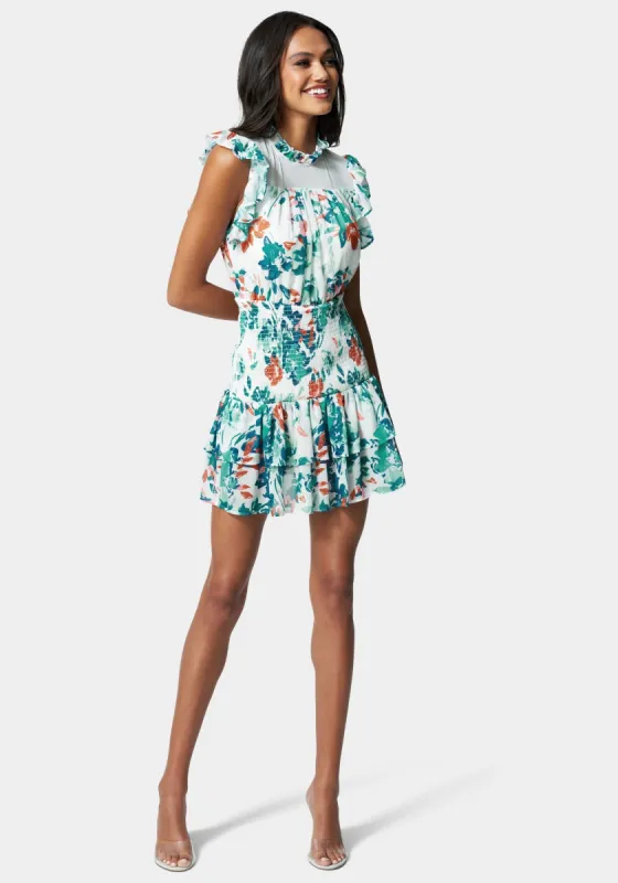 Printed Smocked Tiered Mini Dress sold by Bebe
