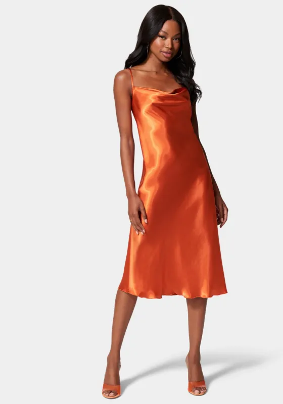Satin Cowl Neck Slip Midi Dress sold by Bebe