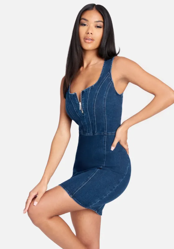 Multi Seam Zip Front Denim Dress sold by Bebe