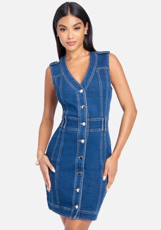 Button Down Multi Seam Denim Dress sold by Bebe