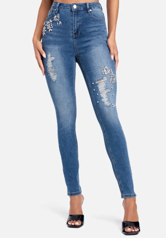 Rhinestone Detail High Waist Skinny Leg Jeans sold by Bebe