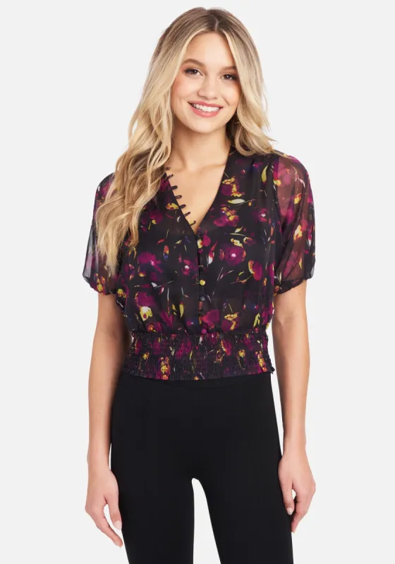 Chiffon Multi Button Smocked Hem Blouse sold by Bebe