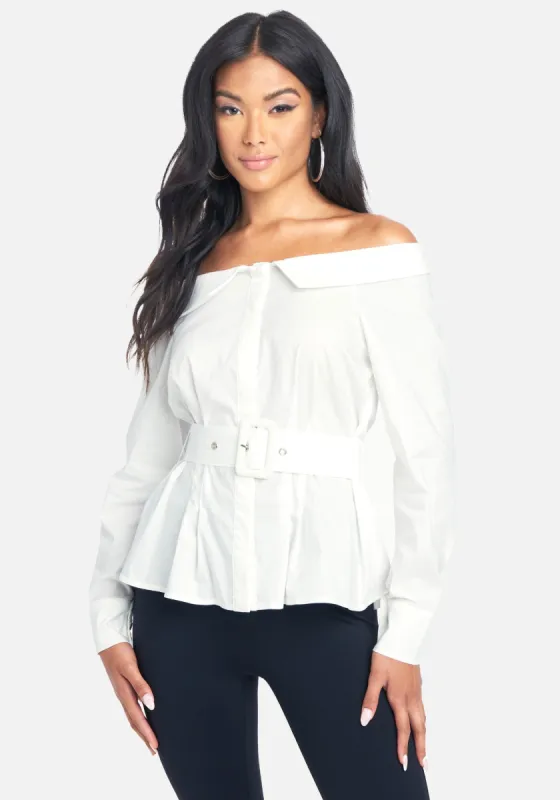 Belted Off The Shoulder Poplin Top sold by Bebe