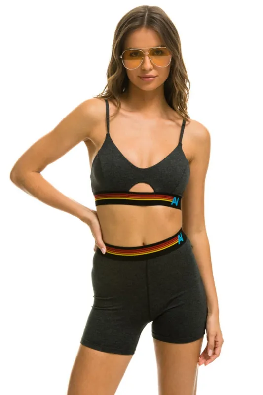LOGO ELASTIC KEYHOLE BRA - CHARCOAL sold by Aviator Nation