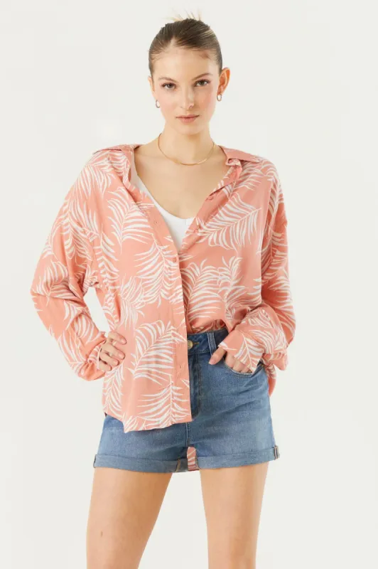 Oversized Tropical Print Button-Up Shirt sold by Charlotte Russe