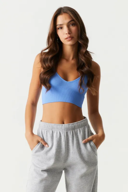 Blue Seamless Ribbed V-Neck Bralette sold by Charlotte Russe