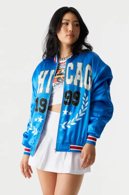 Chicago Graphic Satin Varsity Jacket sold by Charlotte Russe