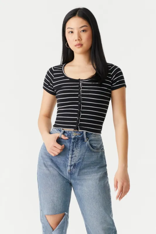 Ribbed Black Striped Button-Up Front Crop Top sold by Charlotte Russe