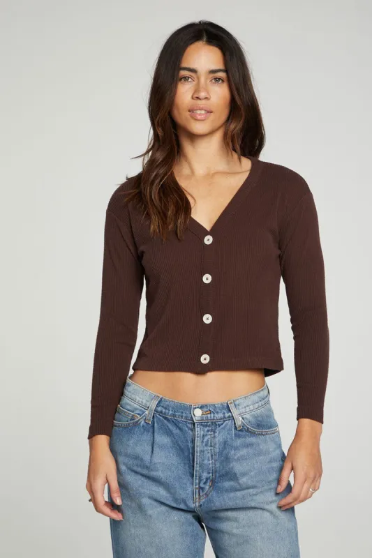 Button Down Cropped Long Sleeve Cardigan sold by Chaser
