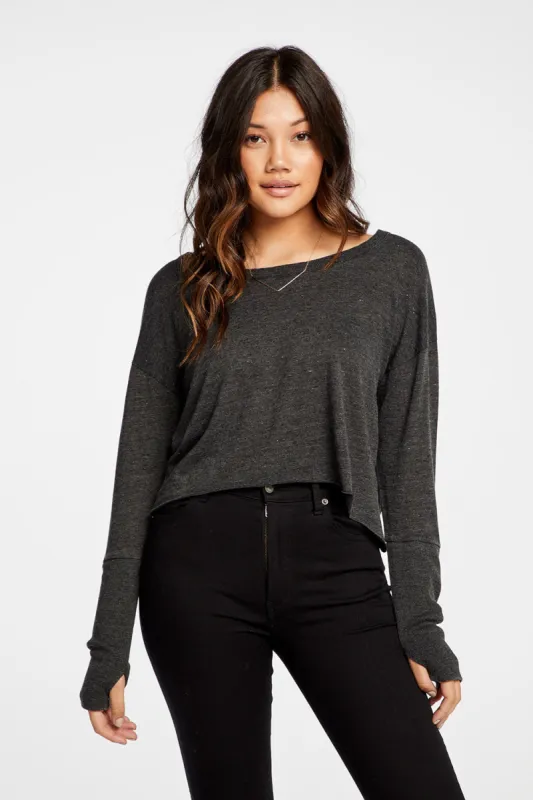 Triblend Jersey Cropped Open Neck Long Sleeve Thumbhole Tee sold by Chaser