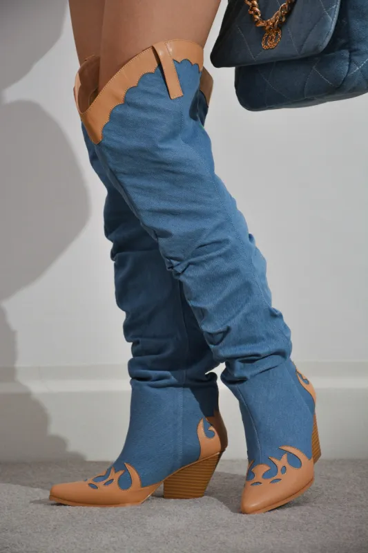 Jeans Over-the-Knee Cowgirl Style Western Boots - Denim sold by Cape Robbin