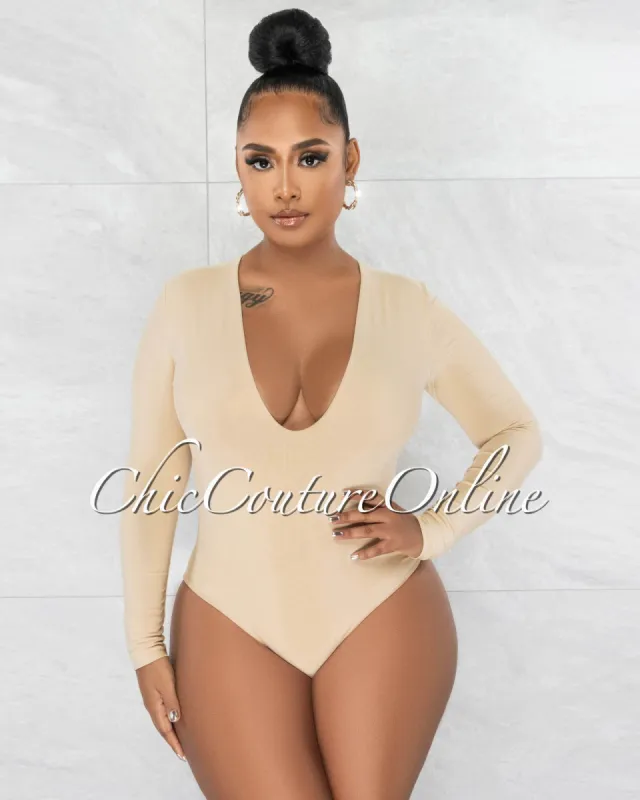 Nilam Nude Deep V Neck Long Sleeves Bodysuit sold by Chic Couture