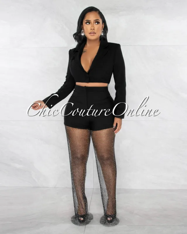 *Amaranto Black Crop Blazer & Mesh Rhinestones Pants Set sold by Chic Couture