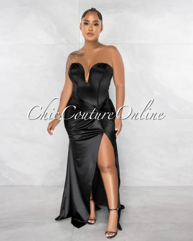 Stellie Black Strapless Knot High Slit Silky Maxi Dress sold by Chic Couture