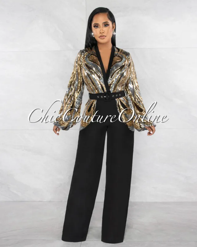 *Grande Black Gold Silver Sequins Top Belt Jumpsuit sold by Chic Couture