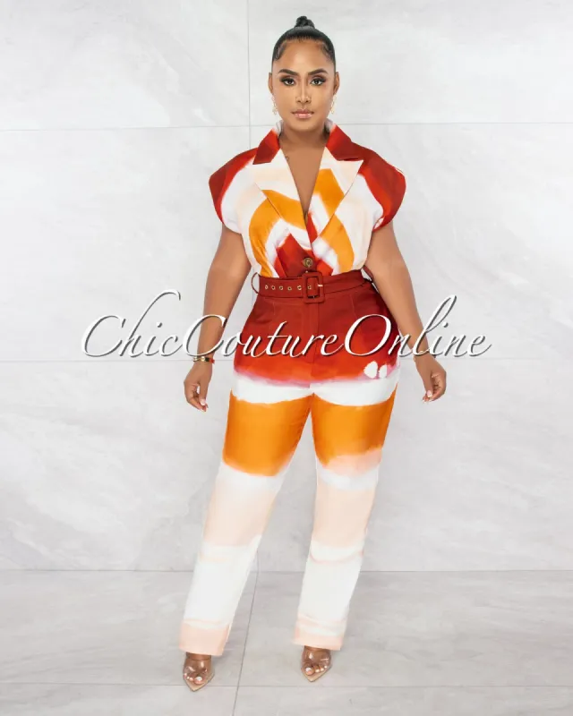 *Gabatha Nude Red Collared Belted Jumpsuit sold by Chic Couture