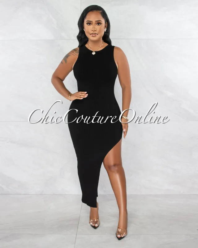 Dionne Black Ribbed Side Slit Maxi Dress sold by chic